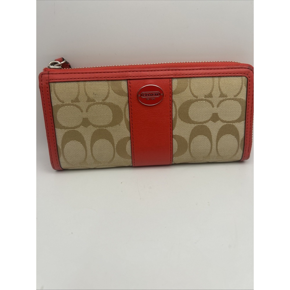 Coach Women's Beige/Orange Logo Zip-Around Wallet w/ Credit Card Slots